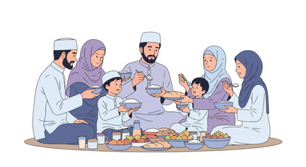 Adobe illustrator artwork vector illustration of a happy Muslim family, including parents and children, sharing a traditional meal together on the floor during Ramadan or Eid.