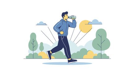 Man Drinking Water While Jogging Outdoors In A Sunny Day For Fitness and Wellness