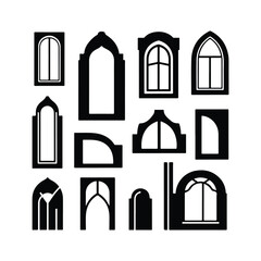 Collection of black architectural window and arch silhouettes on white background vector 1