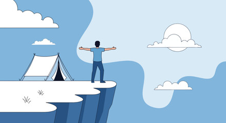 Man Embraces Nature's Beauty, Standing Proudly On Cliff Edge, Reaching For The Sky