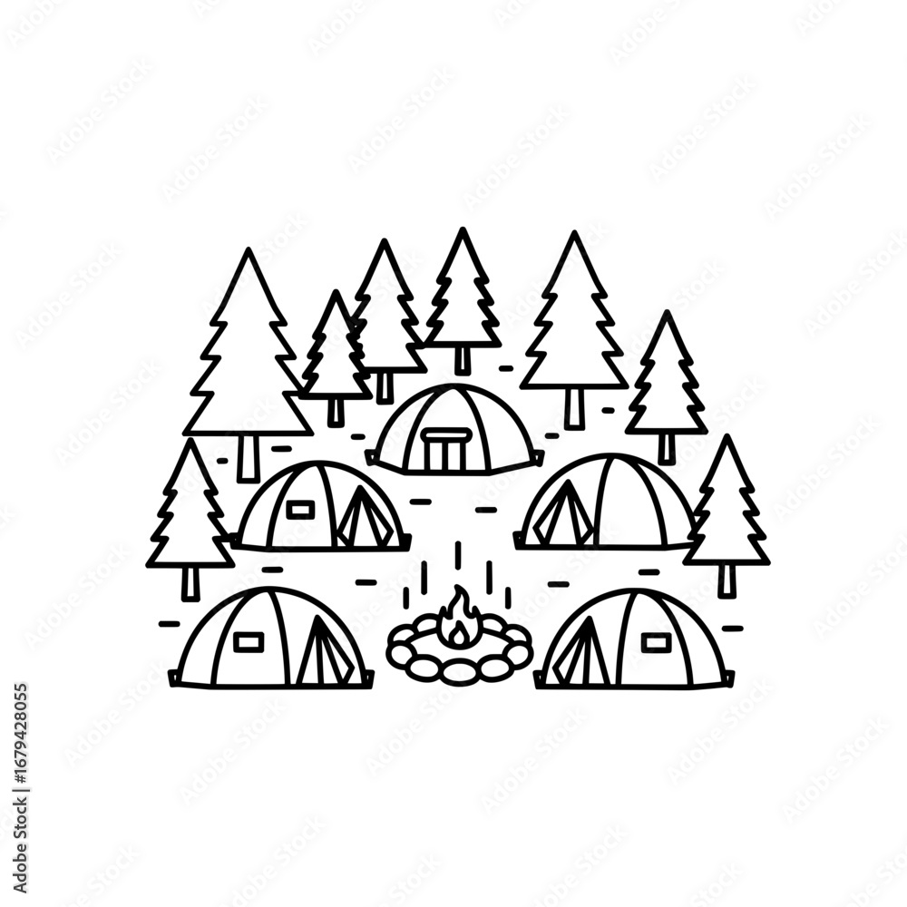 Poster campground scene with tents and trees with transparent background