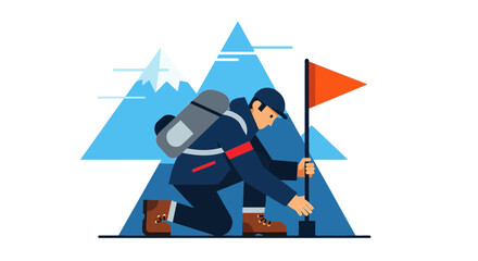 Mountaineer Planting Flag on Summit Depicting Achievement and Reaching Goals