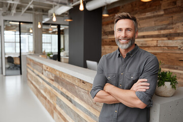 A confident man stands in a stylish reception area with wooden panels and modern decor. He is smiling warmly while crossing his arms, creating a welcoming atmosphere for visitors