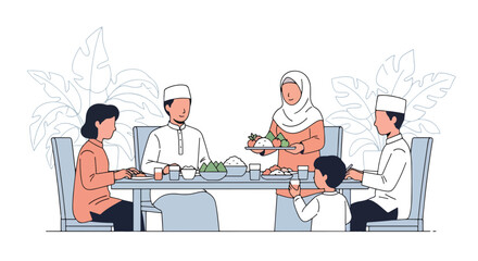 Adobe illustrator artwork vector illustration of a happy Muslim family, including parents and children, sharing a traditional meal together on the floor during Ramadan or Eid.
