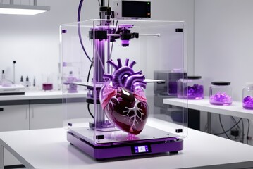 3d printing machine: SLA 3D printer in sterile medical lab printing a transparent anatomical heart model, with the UV resin vat glowing purple under precise conditions.