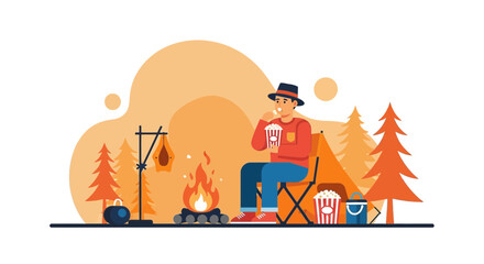 Man enjoying popcorn by a campfire while camping in the forest vector illustration