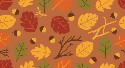 Autumn Seamless Pattern with Maple Leaves and Acorns Vector