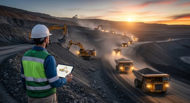 Modern mining site with heavy machinery and worker using tablet