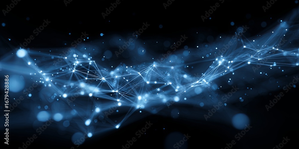 Poster abstract blue light network with floating particles in a dark background for technology and digital 