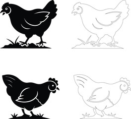 Silhouette of a hen pecking on the ground, flat bold black vector design