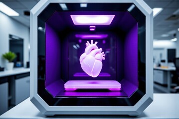 3d printing machine: High-tech SLA 3D printer creating a detailed transparent heart model in a clean medical lab, illuminated by the purple glow of UV resin curing.
