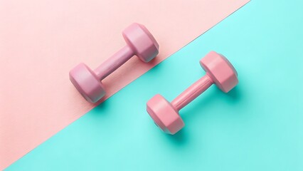 Fitness concept with two pink dumbbells on a colorful background. Suitable for gym promotions, workout guides, health and wellness content.