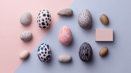 Serene Easter Grid of Patterned Eggs and Natural Stones on Pastel Pink and Blue.