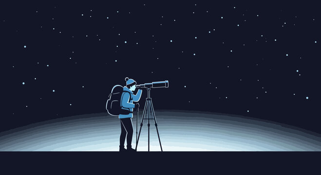 Night Sky Gazer Observing Celestial Bodies Through Telescope Under a Starry Sky