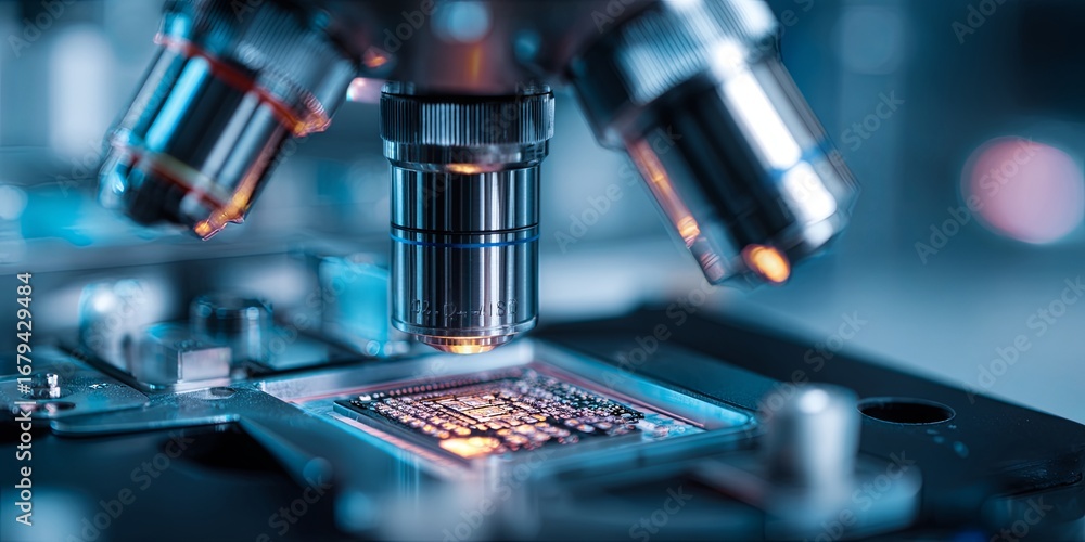 Poster close-up of high-tech microscope with focus on silicon chip in advanced laboratory setting