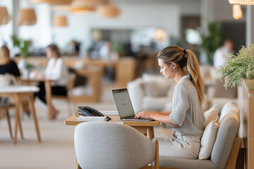 A woman sits focused at a stylish workstation, typing on her laptop in a contemporary office setting. Colleagues engage in discussions nearby, creating a lively atmosphere