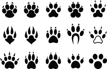 Fototapeta premium Diverse Collection of Animal Paw Prints Vector Illustration Black and White Silhouette for Wildlife Tracking and Design Elements