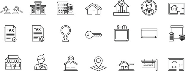 Real estate, property, mortgage, legal, financial, icons, house, tax, key, blueprint, courthouse, investment, deed, ownership, location, commercial, residential, agent, document, vector, outline