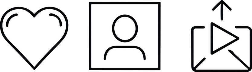 User interface, icons, like, heart, profile, account, media, video, share, envelope, play button, arrow, outline, minimal, digital, interaction, social, communication, vector, symbol
