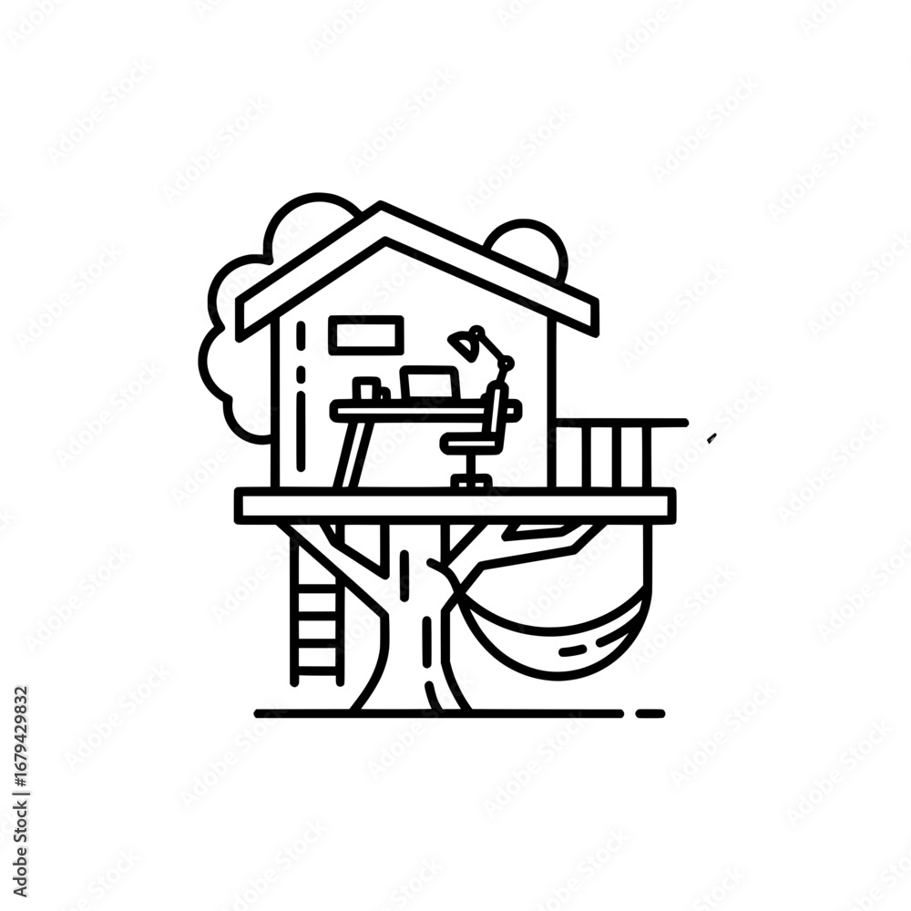 Poster treehouse with interior workspace and transparent background