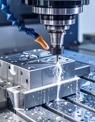 CNC milling machine processing on steel with cooling