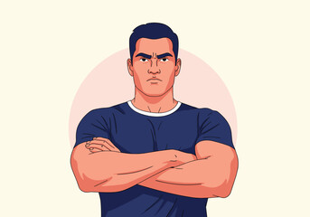 Fototapeta premium Strong confident man standing arms crossed with determined expression on light background