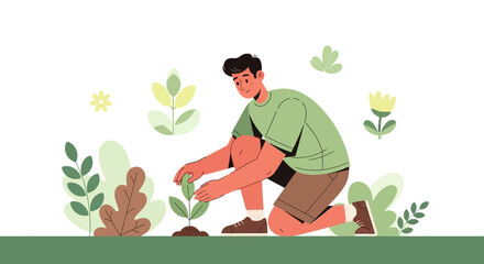 Man planting a tree in a garden, environmental care, and nature conservation illustration