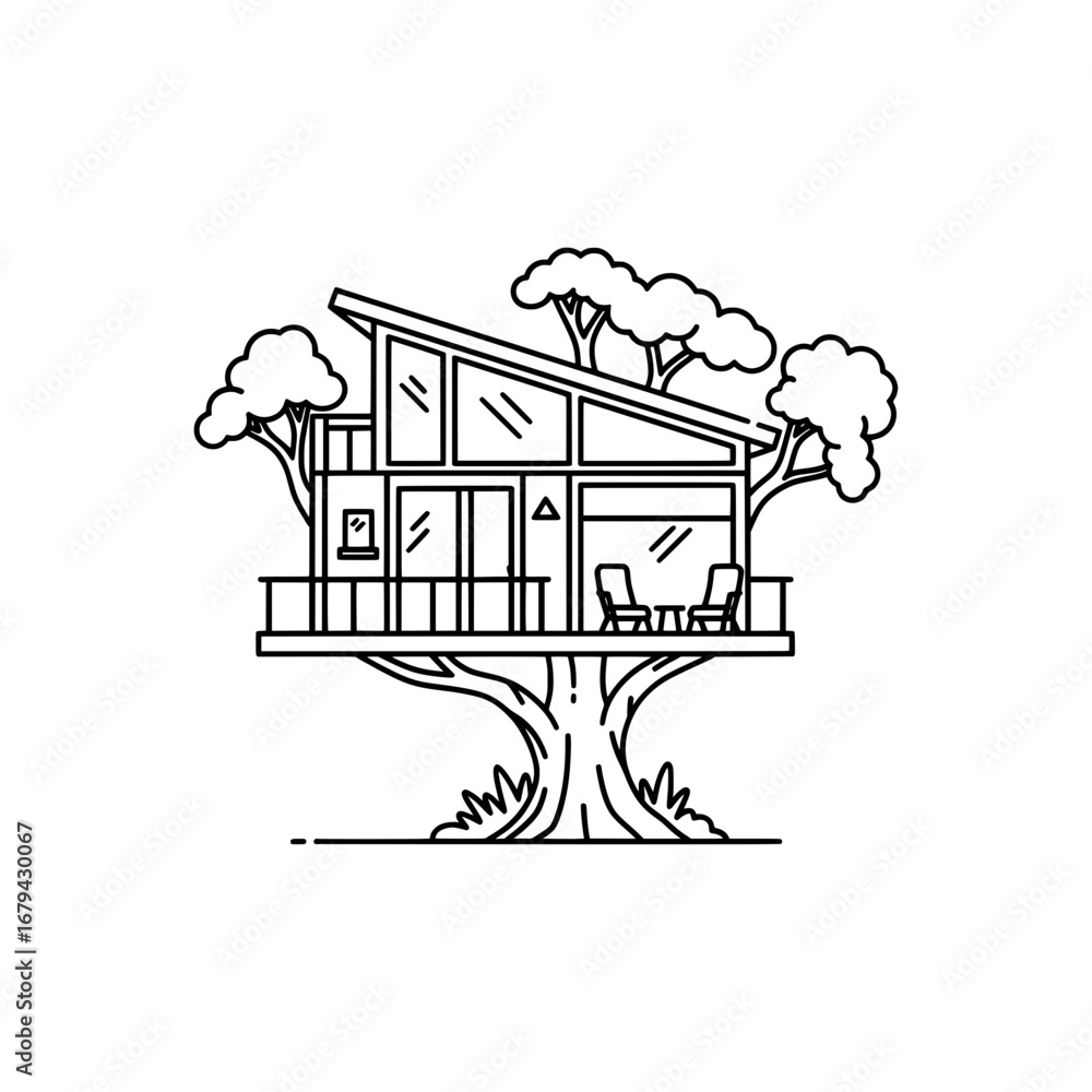 Poster modern tiny house with large windows and sloped roof with transparent background