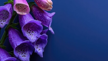 Close-up of vibrant purple flowers with water droplets, against a deep indigo backdrop