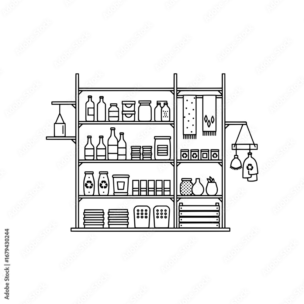 Poster shelf with bottles jars and kitchen utensils with transparent background