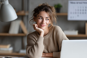 A woman sits comfortably in a home office, resting her chin on her hand while gazing at a laptop screen