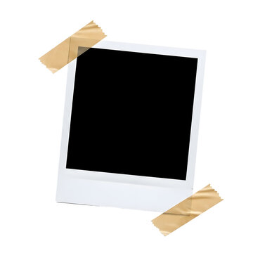 A blank instant photo frame, taped to a white background, ready to be personalized with memories and images