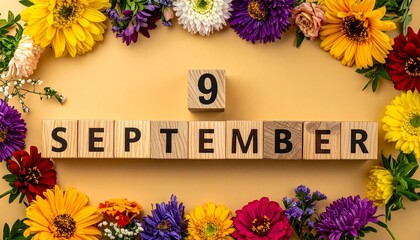Wooden Blocks with Date 9 September. Floral Calendar – Vibrant Flowers on Solid Colored Background