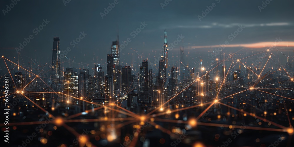 Poster futuristic city skyline at dusk with illuminated network connections and digital data flow