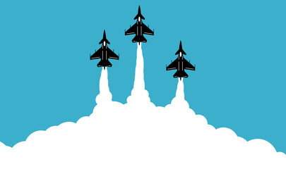 Bold fighter jet illustration featuring three powerful military aircrafts soaring into the sky with dramatic white smoke trails against a clear blue background. The minimalist flat design.