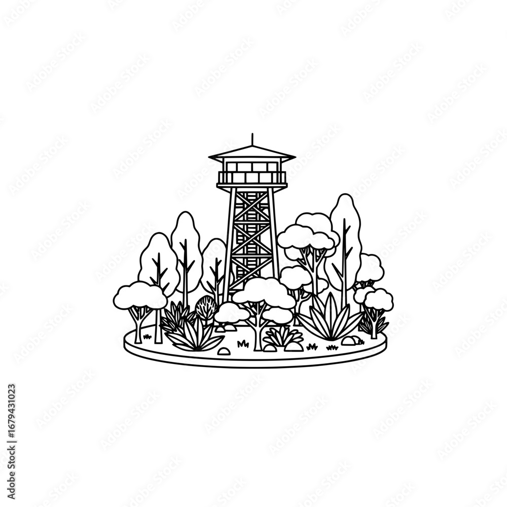 Poster lighthouse with trees and plants on circular platform with transparent background
