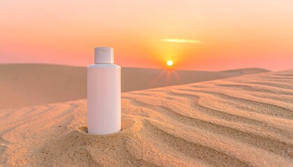 A white plastic bottle sits nestled in the golden sand at sunrise, highlighting the beauty of the desert landscape.