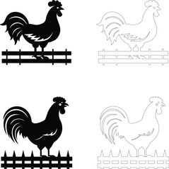 Silhouette of a rooster standing on a fence, flat bold black vector design