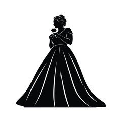 Fototapeta premium Black silhouette of a woman in a ball gown holding a flower female dress