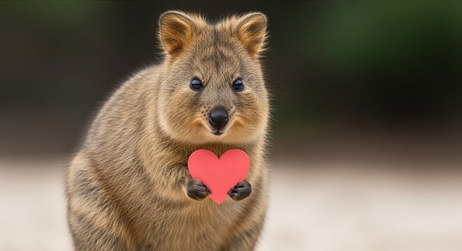 Cute Brown Quokka Holding Red Heart Outdoors Smiling