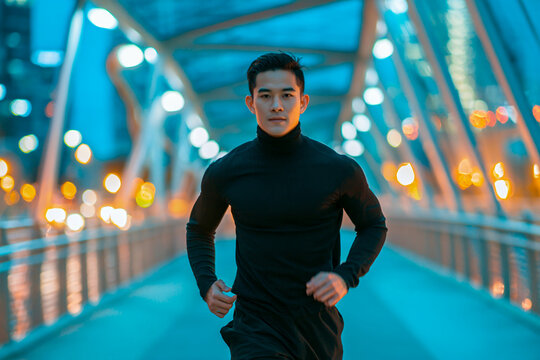 Young Asian man running on city bridge at night with lights