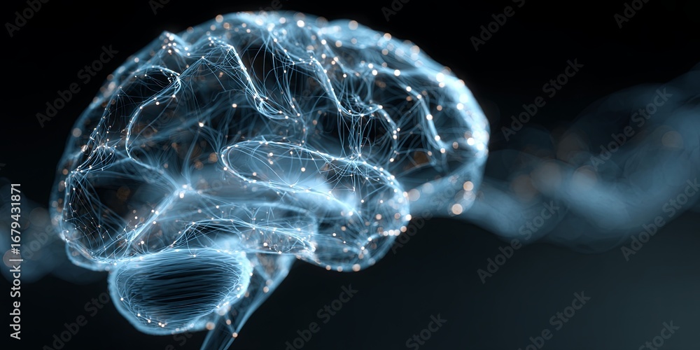 Poster glowing neural networks concept with luminous brain representation in futuristic digital space