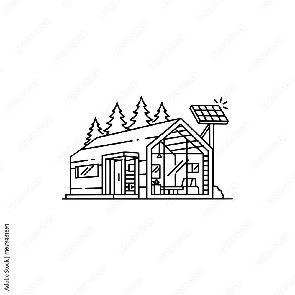 Poster modern solar-powered log cabin with trees and solar panel with transparent background