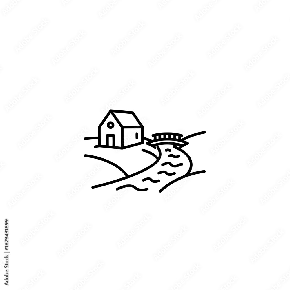 Poster house with river and bridge line art with transparent background