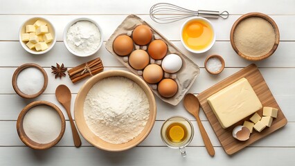 Baking scene with various ingredients like eggs, flour, butter, sugar, and spices. Suitable for cooking blogs, recipe books, food websites.
