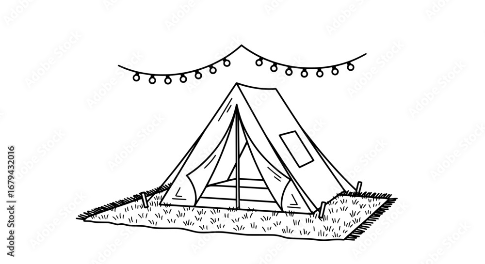 Poster tent on grassy patch with string lights and decorations with transparent background