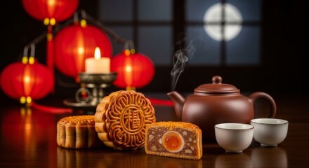 Fototapeta premium Mid Autumn Festival Mooncakes with Teapot and Lanterns Display