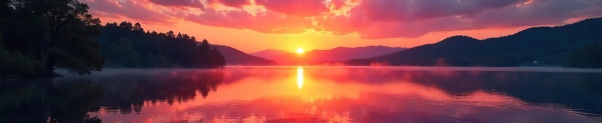 A vibrant sunrise over a tranquil lake, reflecting the calm and potential for growth found in a coaching lifestyle , personal development, balance