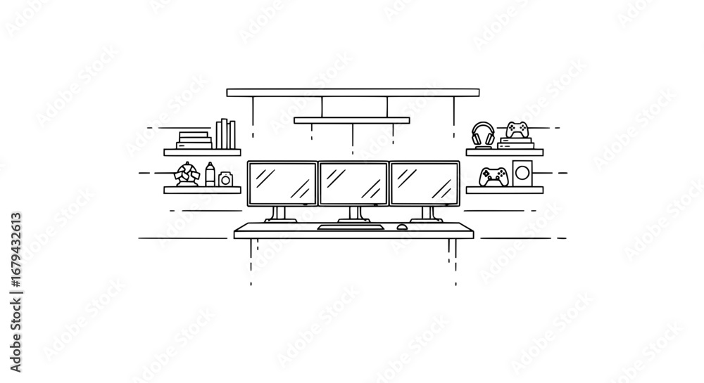 Poster home entertainment setup with multiple monitors and shelves with transparent background