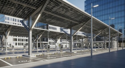 Solar panel covered parking area in an urban setting